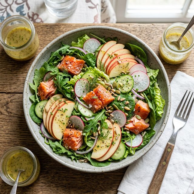 Salad with salmon, apples and vegetables